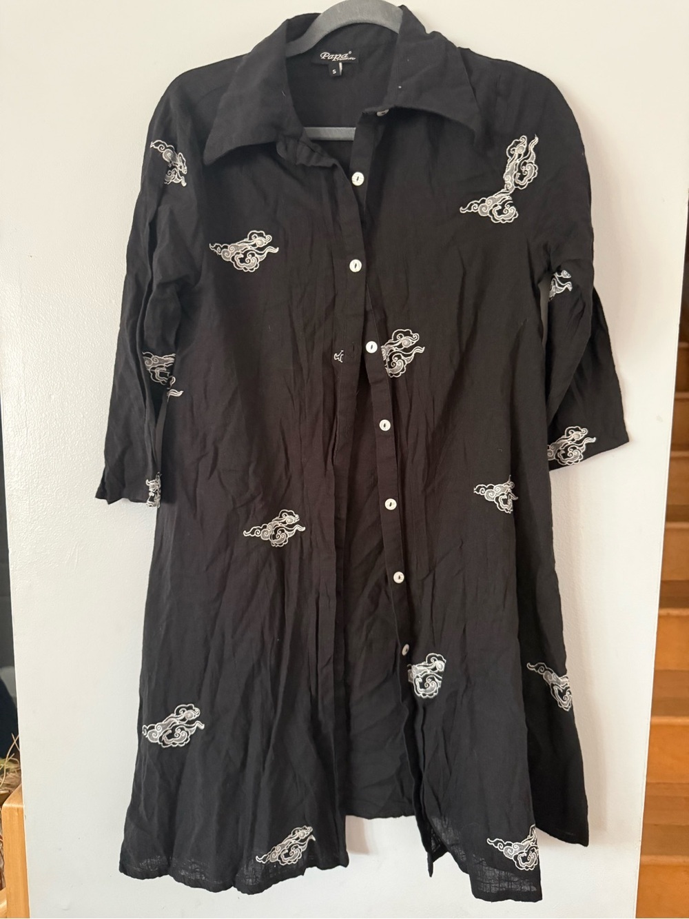 🇨🇦Papa Vancouver Black Embroidered Button-Up Longline Tunic Shirt